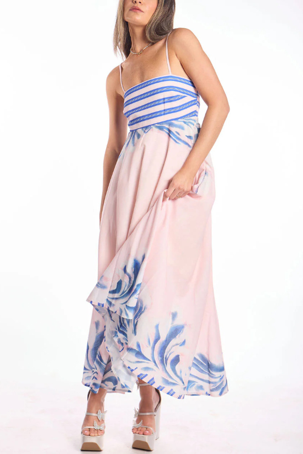 Unique Print Square Neck Spaghetti Strap Back Gathered Maxi Dress