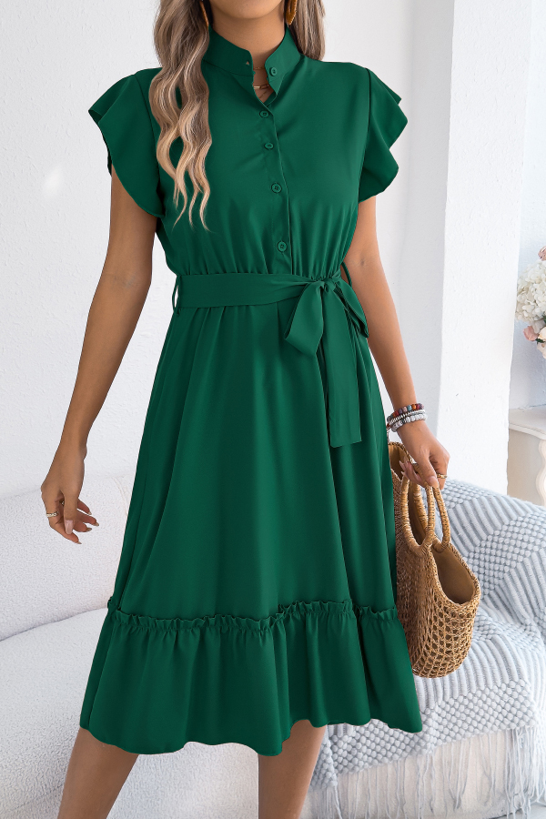 Solid Color Stand Collar Button Waist Tie Casual Midi Dress-consonak