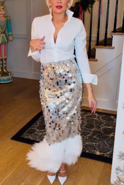 Playful Sparkling Large Sequin Faux Fur Tassel Hem Elastic Waist Maxi Skirt-consonak