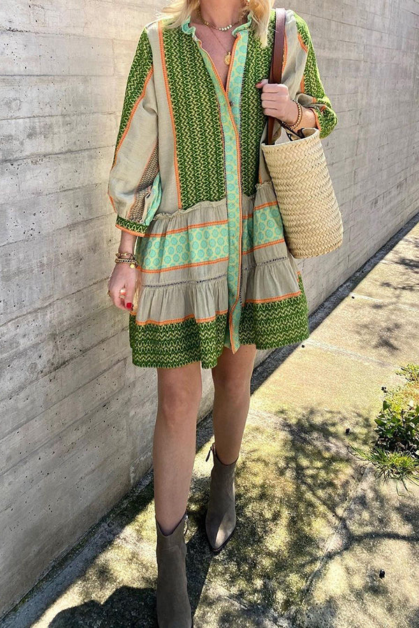 Look My Vacation Style Ethnic Print Button Loose Mini Dress-consonak