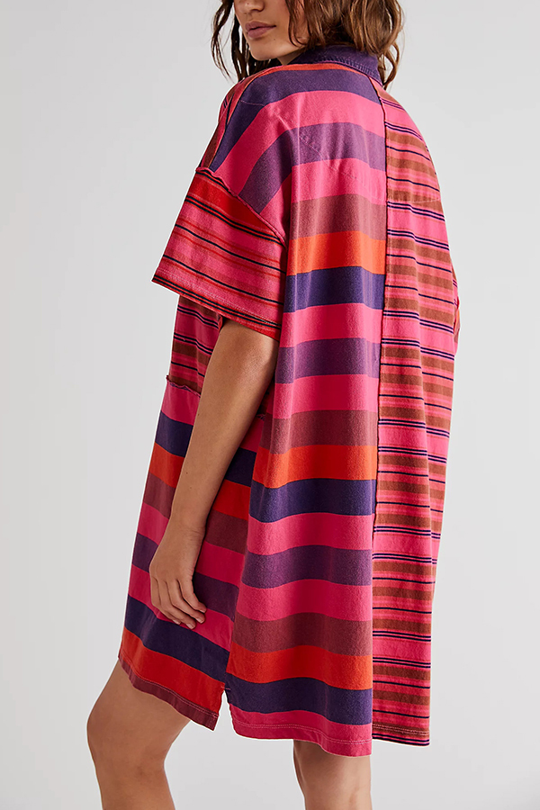 Contrast Striped Patchwork Denim Lapel Loose Casual Mini Dress-consonak