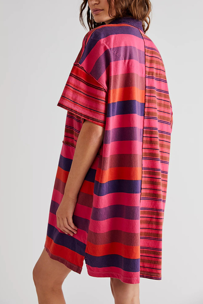 Contrast Striped Patchwork Denim Lapel Loose Casual Mini Dress-consonak