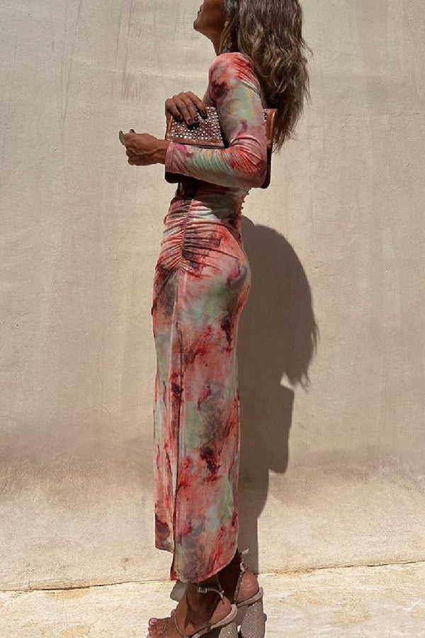Charm Lady Mesh Overlay Tie Dye Print Long Sleeve Ruched Stretch Midi Dress | Consonak