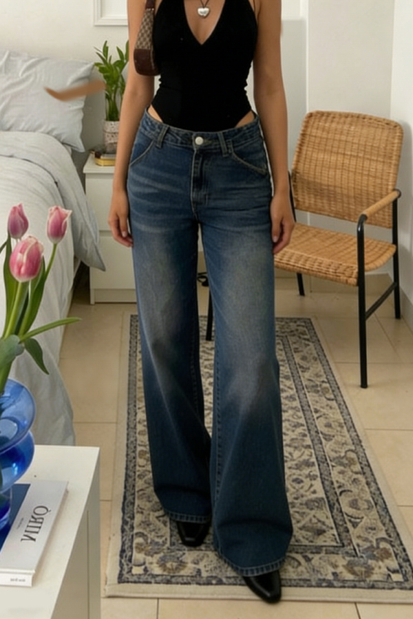 Stylish Pocket Casual Straight Wide Leg Women's Jeans-consonak