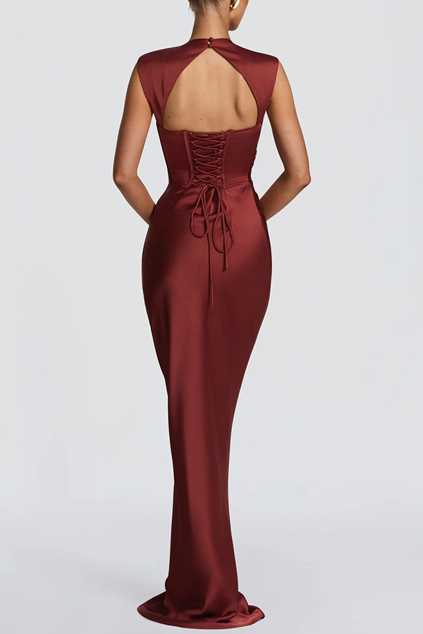 Avielle Satin High Neck Back Asymmetric Pleated Lace-up Drape Maxi Dress-consonak