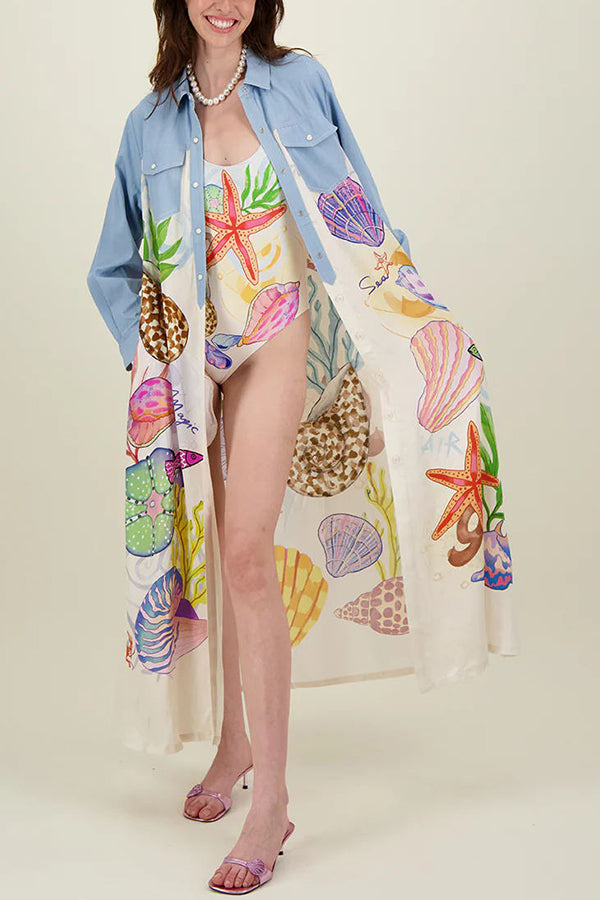 Take A Trip Marine Elements Unique Print Patchwork Pocketed Long Shirt Coat | Consonak