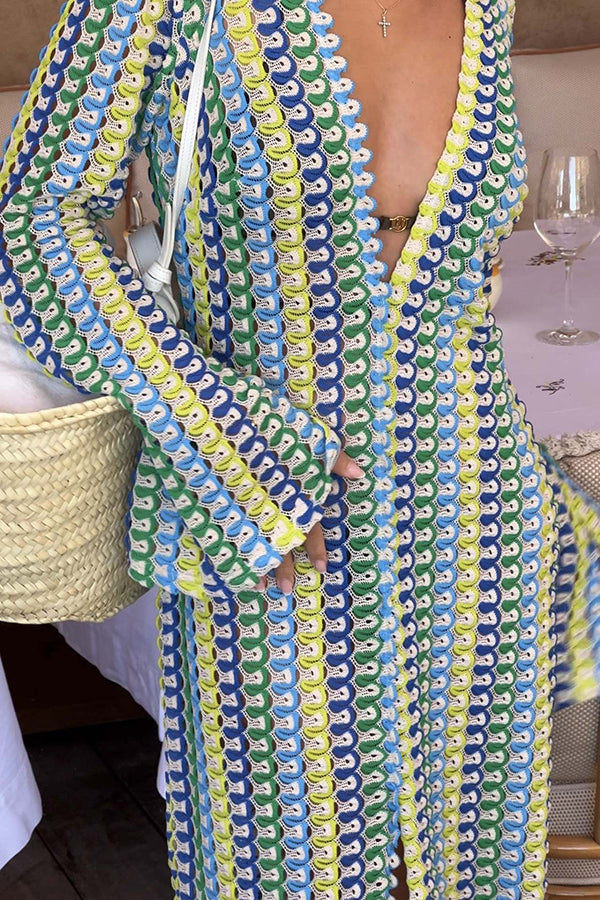 Elegant women's cardigan beach knitted colorful wave print long sleeved vacation dress | Consonak