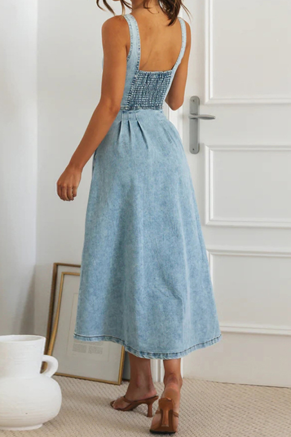 Stylish Single-breasted Fitted Waist Gathered Back Denim Maxi Dress