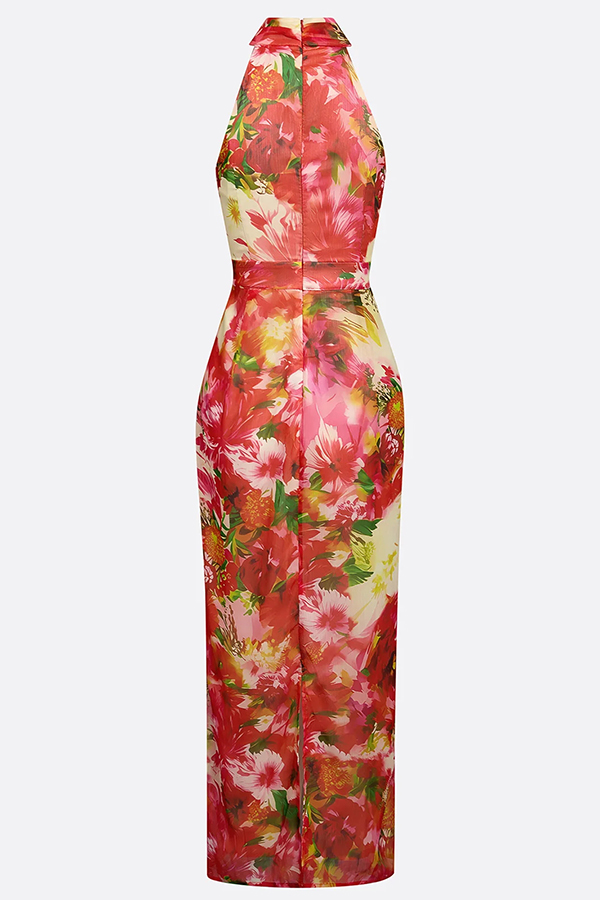 Garden Glamour Chiffon Floral Print High Neck Sleeveless Slit Maxi Dress-consonak