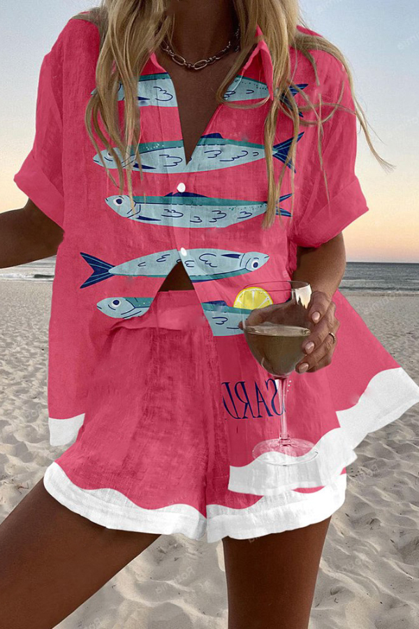 Sardine Print Loose Button Elastic Waist Shorts Set