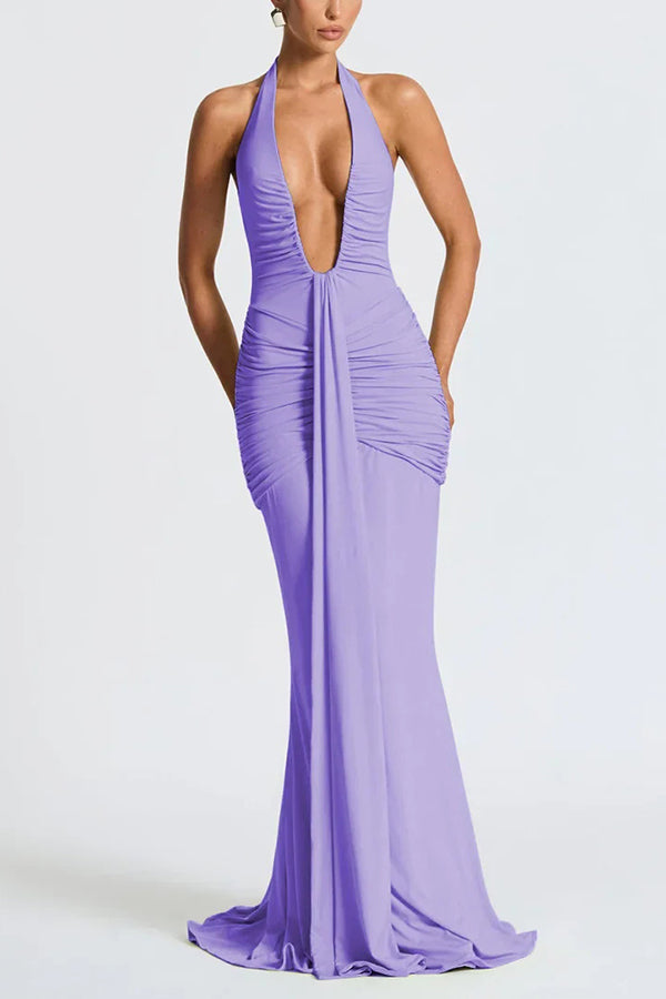 Solid Color Elegant Halterneck V-neck Open Back Tie Gathered Maxi Dress | Consonak