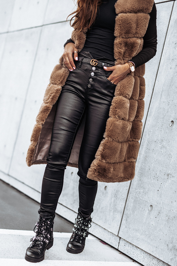 Solid Color Fur Round Neck Sleeveless Midi Vest Jacket-consonak