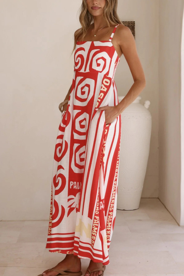 Unique Printed Sleeveless Square Neck Casual Pocket Vacation Maxi Dress
