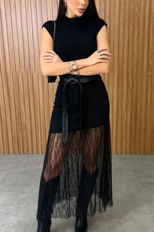 Stylish Sleeveless Spliced ​​lace Hem Elegant Slim-fit Maxi Dress