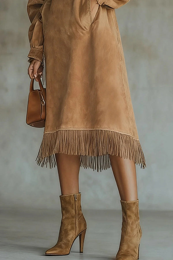 Solid Color Suede Loose Long-sleeved Casual Pocket Tassel Hem Midi Dress-consonak