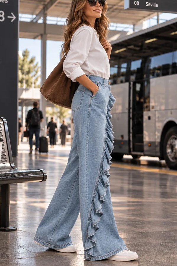 Uniquely Designed Denim Mid Rise Irregular Ruffles Pocket Wide Leg Jeans-Consonak