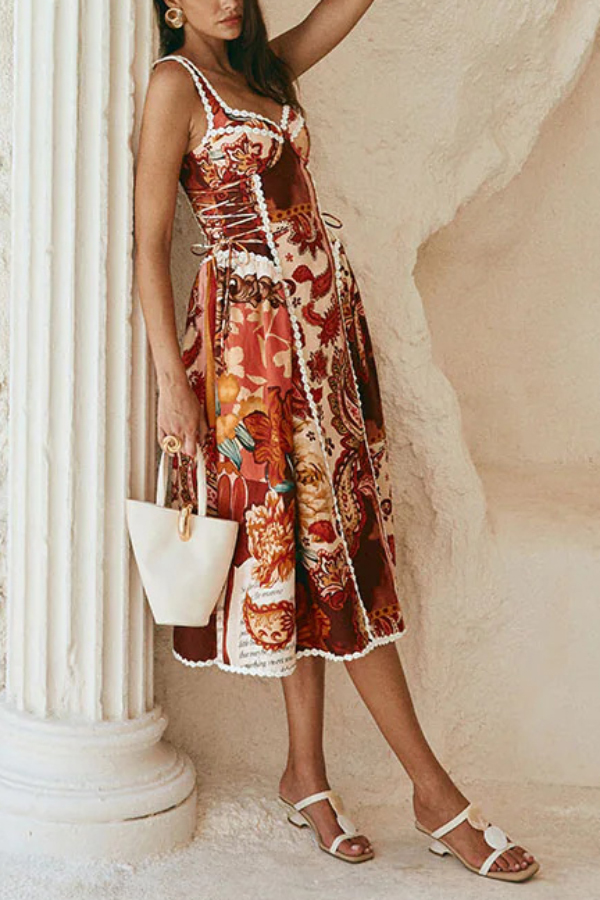 Unique Printed Floral Trim Suspender Side Tie Vacation Midi Dress