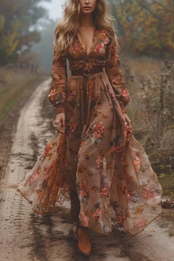 Floral Print Long Sleeve V-neck Waist Maxi Dress-consonak