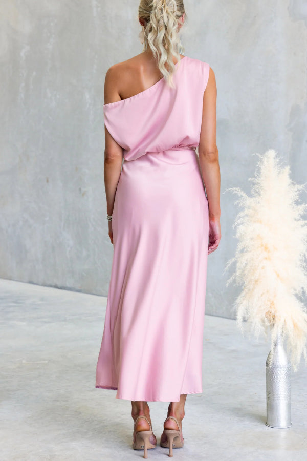 Solid Color One-shoulder Sleeveless Belted Casual Maxi Dress-consonak