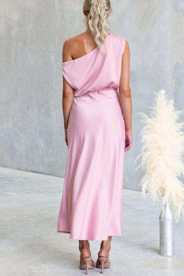 Solid Color One-shoulder Sleeveless Belted Casual Maxi Dress