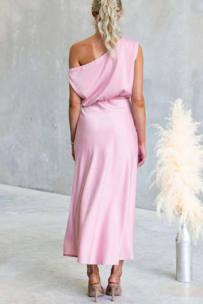 Solid Color One-shoulder Sleeveless Belted Casual Maxi Dress