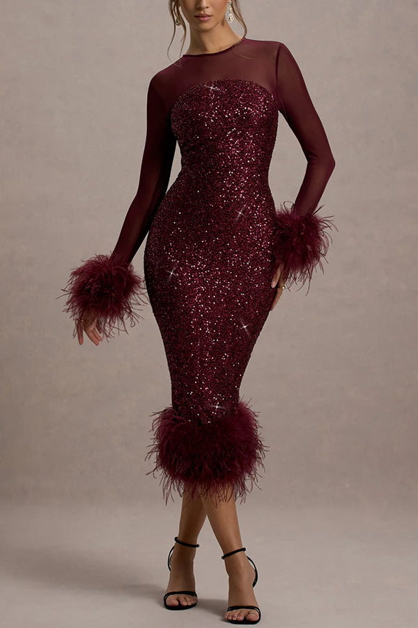 Glamor and Drama Mesh Sequin Patchwork Feather Trim Stretch Midi Dress | Consonak