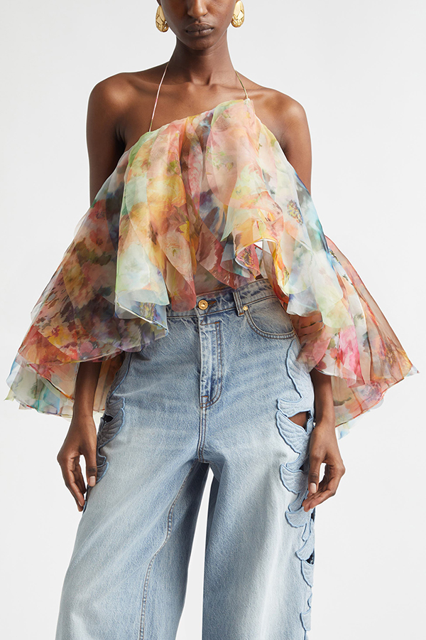 Dreamy Piece Floral Rendered Print Layered Ruffles Fanned Halter Top