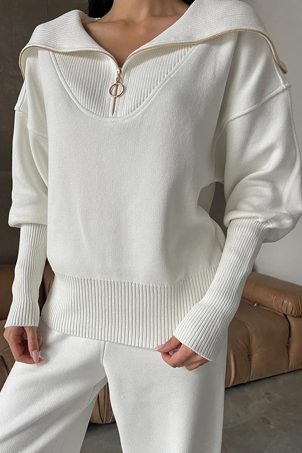 Solid Color Long-sleeved Zip-up Sweatshirt and Elastic Waist Loose Pocket Pants Set-consonak