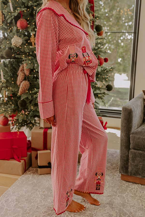 Nutcracker Charm Embroidered Gingham Loose Shirt and Elastic Waist Pajama Set-consonak