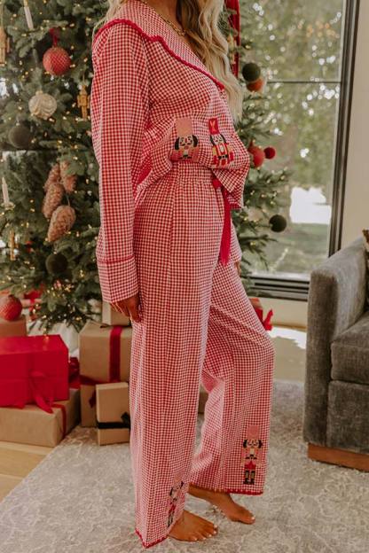 Nutcracker Charm Embroidered Gingham Loose Shirt and Elastic Waist Pajama Set-consonak
