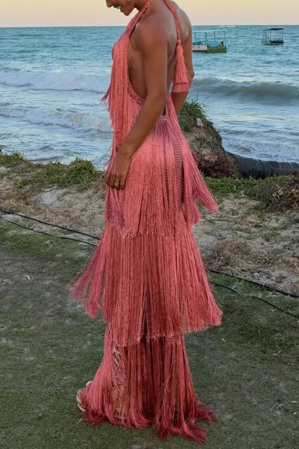 Vacation Icon Layered Tassels Halter Tie-up Open Back Maxi Dress