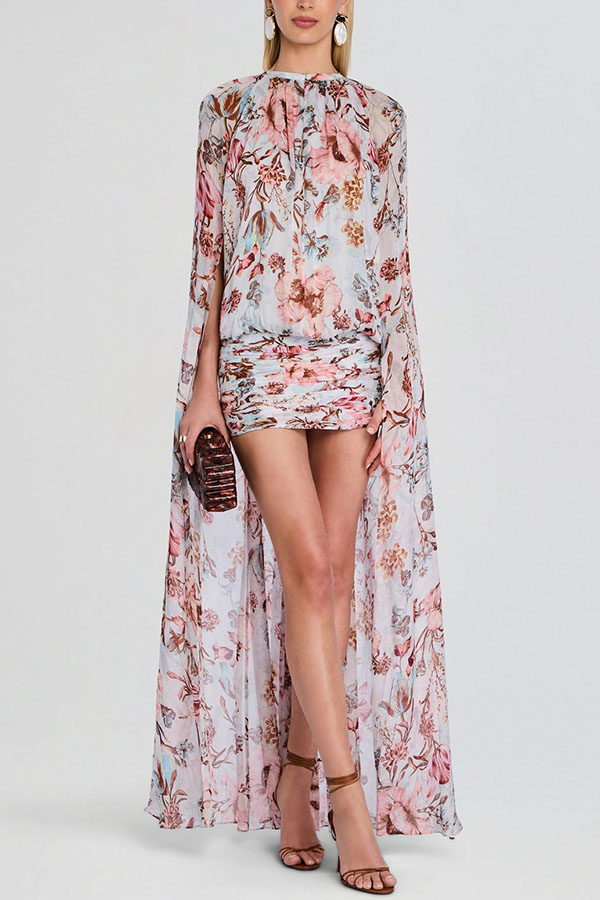 Sunset Frequency Tropical Print Ruched Hem High Low Cape Maxi Dress