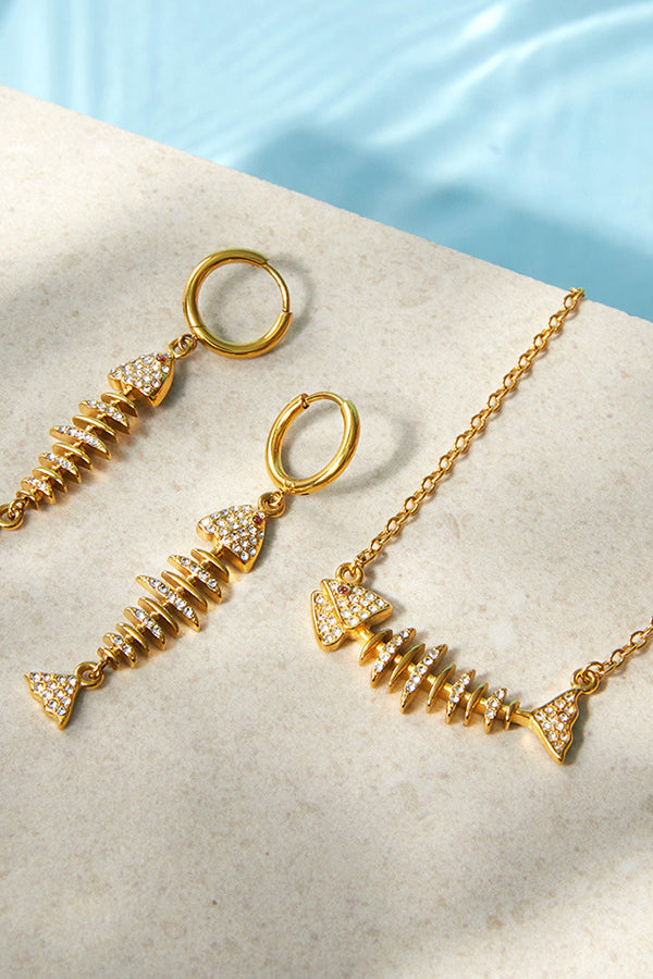 Stylish Rhinestone-accented Fishbone Stud Earrings and Necklace-Consonak
