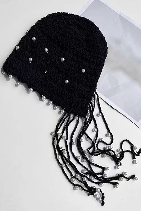 Solid Pearl Embellished Hollow Knit Hat-consonak