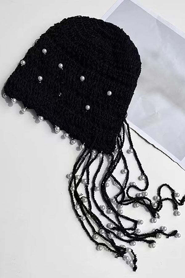 Solid Pearl Embellished Hollow Knit Hat-consonak