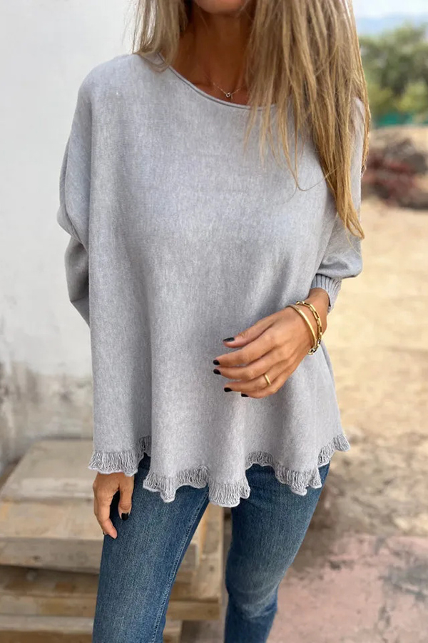 Solid Color Loose Long Sleeve Lace Knitted Sweater-consonak