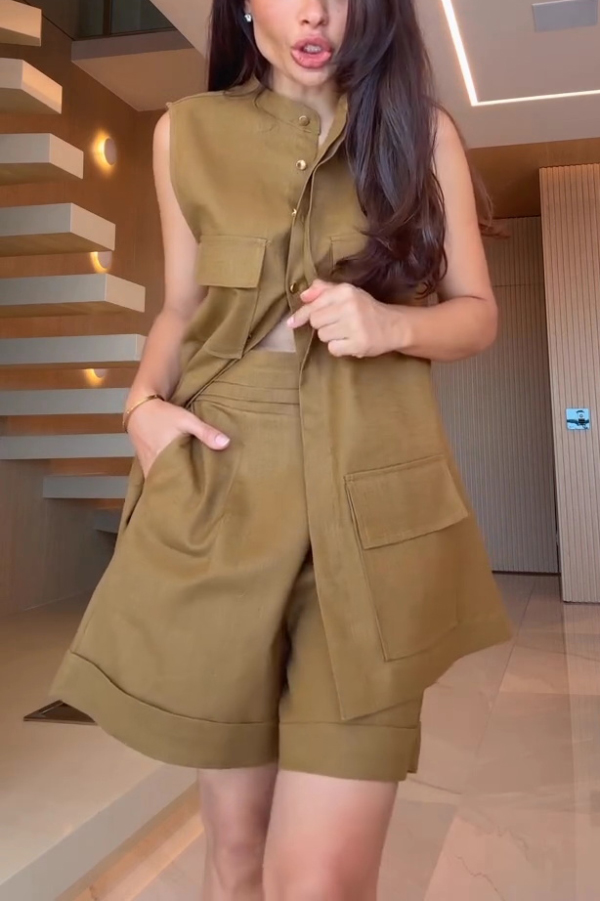 Linen Blend Solid Color Button Pocket Loose Top and Elastic Waist Casual Shorts Set
