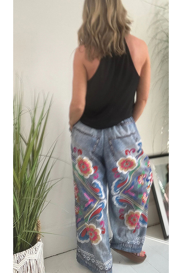 Hippie Style Unique Floral Denim Print Elastic Waist Pocketed Wide Leg Pants-consonak