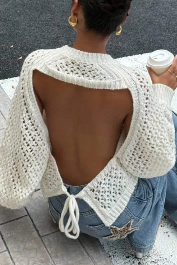 Fashionable Openwork Round Neck Long-sleeved Backless Tie Knit Sweater
