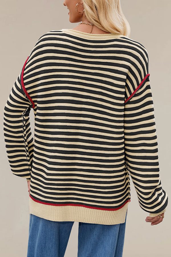Striped Knit Loose-fitting Crew Neck Long-sleeved Casual Sweater-consonak
