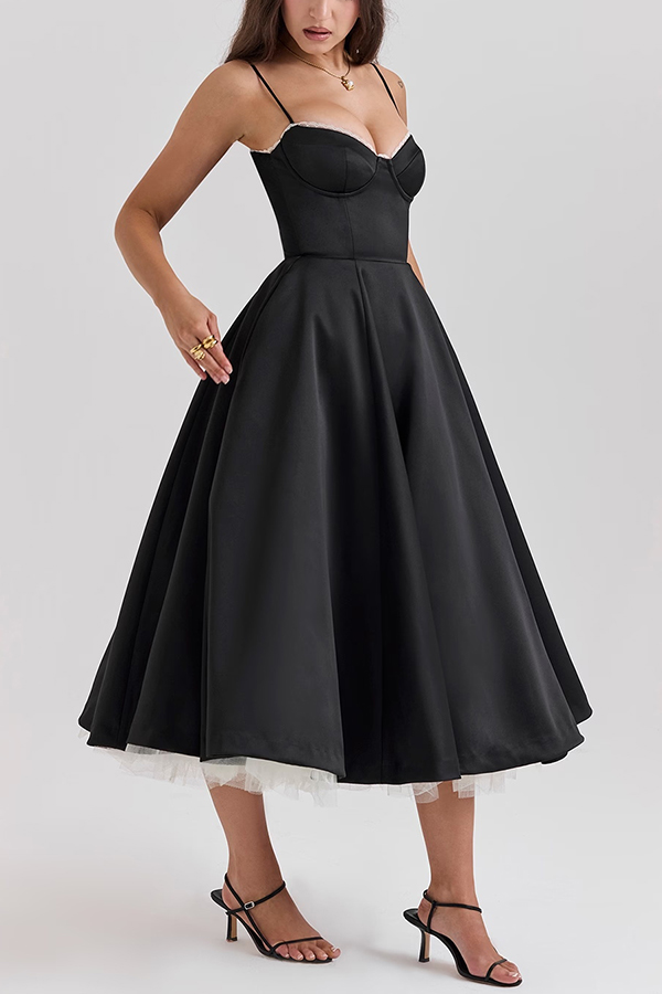 Fairytale Vibe Satin Patchwork Tulle Sweetheart Neck Pocket Stretch Midi Dress-consonak