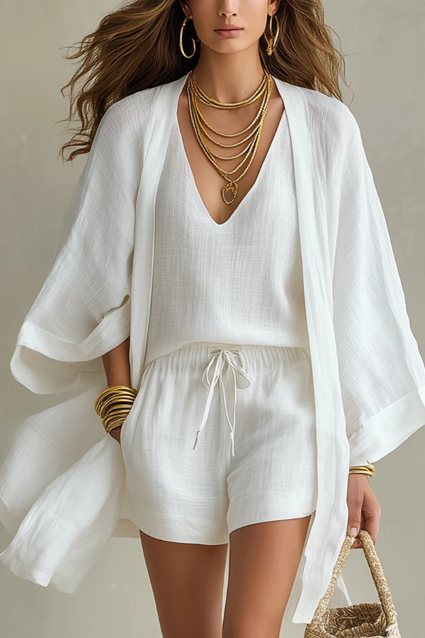 Linen Blend Solid Color V-neck Vest Loose Cardigan and Elastic Waist Pocket Casual Shorts Three-piece Set-Consonak