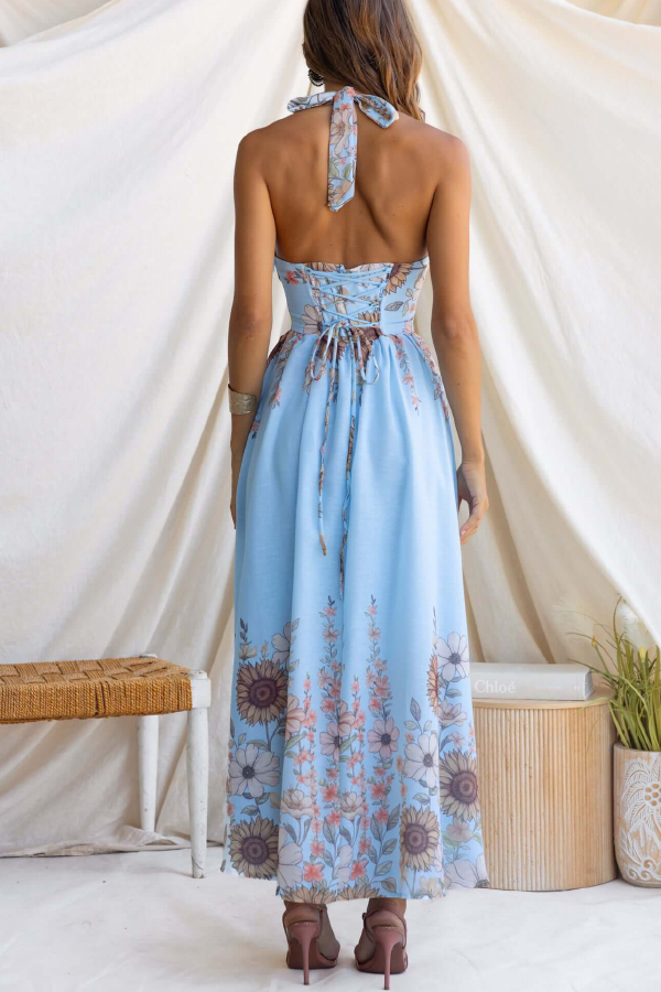 Sunflower Print V-neck Fitted Waist Elegant Maxi Dress