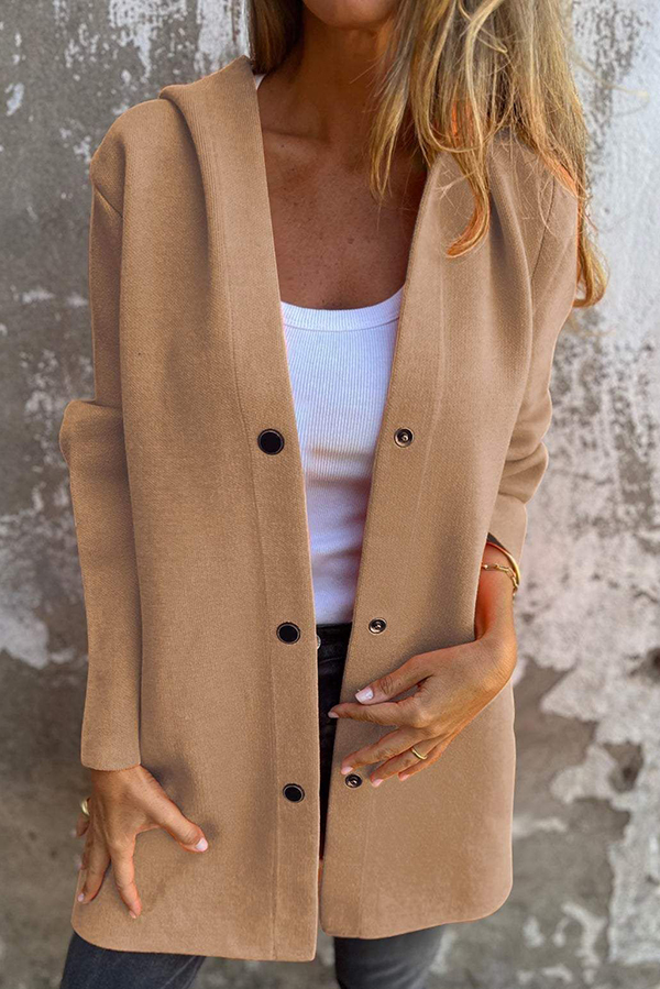 Solid Color Casual Long Sleeve Single Breasted Hooded Jacket-consonak