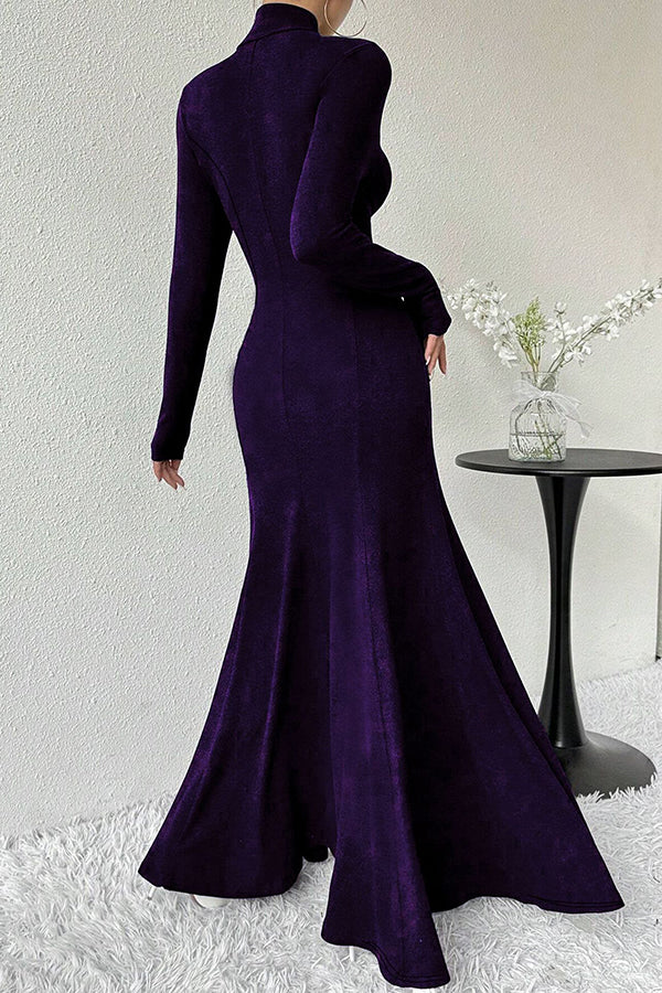Solid Color High-neck Long-sleeved Slim-fit Fishtail Elegant Maxi Dress-consonak