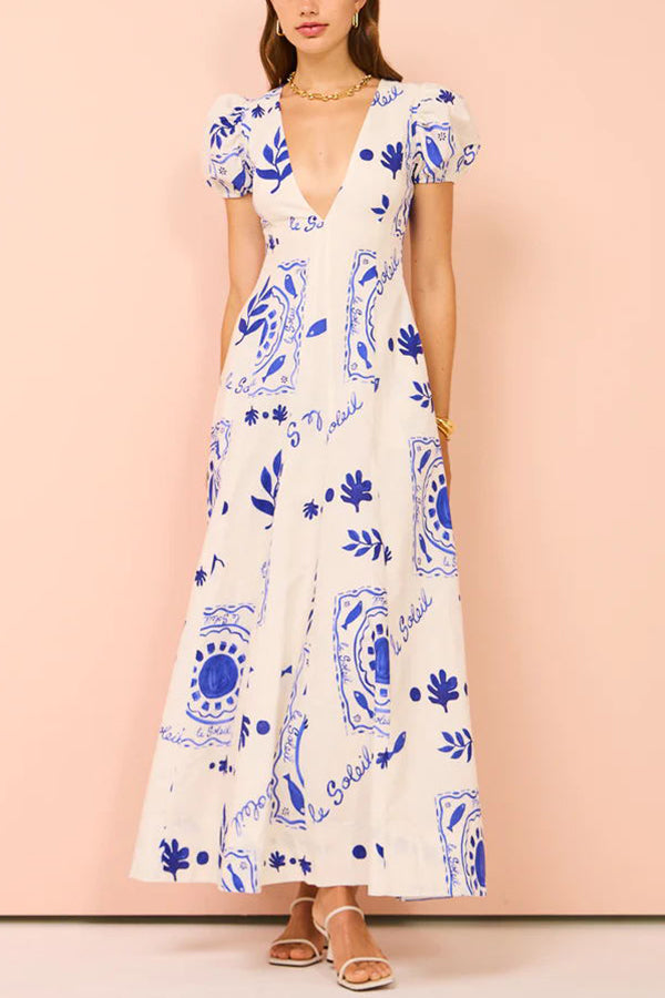 Embrace The Glamour Linen Blend Unique Print Puff Sleeve Pocketed Maxi Dress-consonak