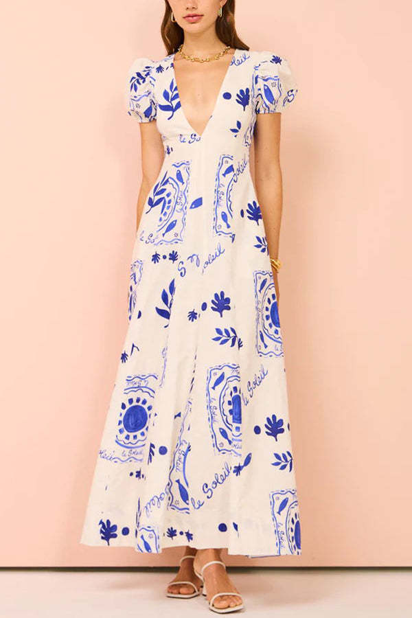 Embrace The Glamour Linen Blend Unique Print Puff Sleeve Pocketed Maxi Dress-consonak