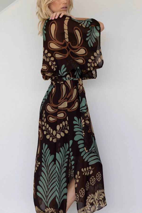 Bohemian Style Unique Printed Chiffon Loose-fitting Belted Maxi Dress