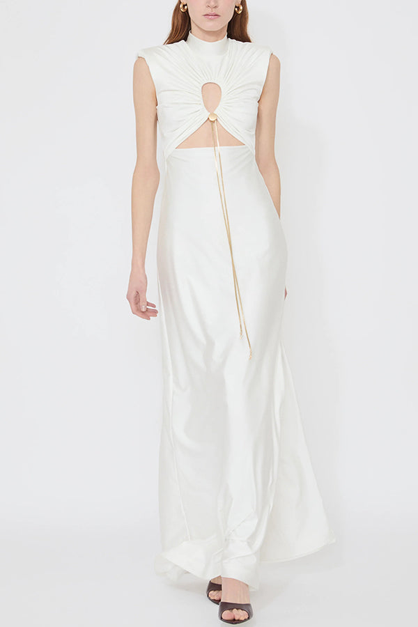 Genis Hollow Elastic Bust High Neck Sleeveless Gathered Maxi Dress-consonak