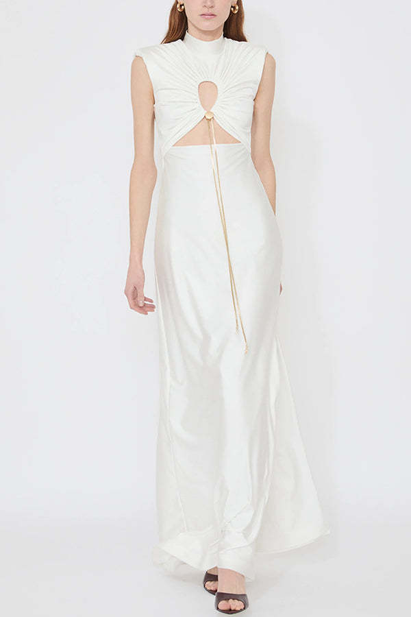 Genis Hollow Elastic Bust High Neck Sleeveless Gathered Maxi Dress-consonak